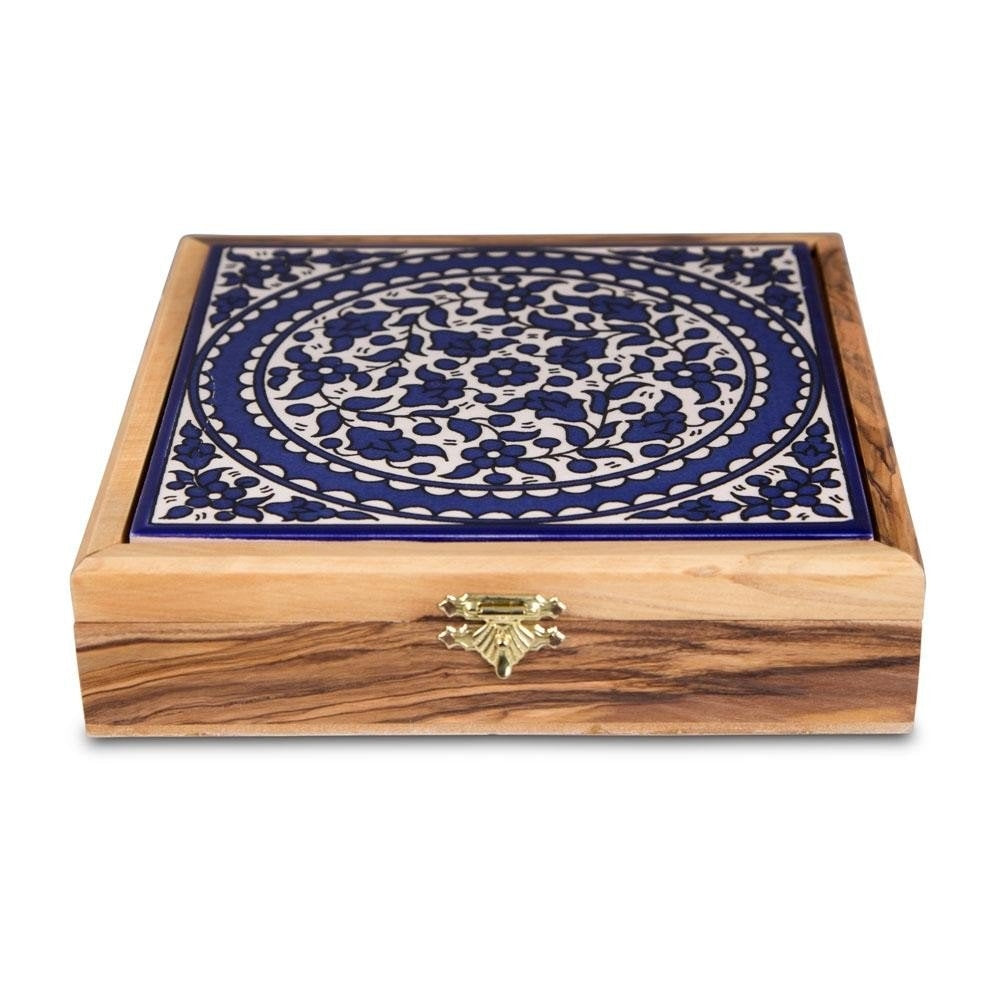 Olive Wood Jewelry Box with Blue Flowers Armenian Ceramic