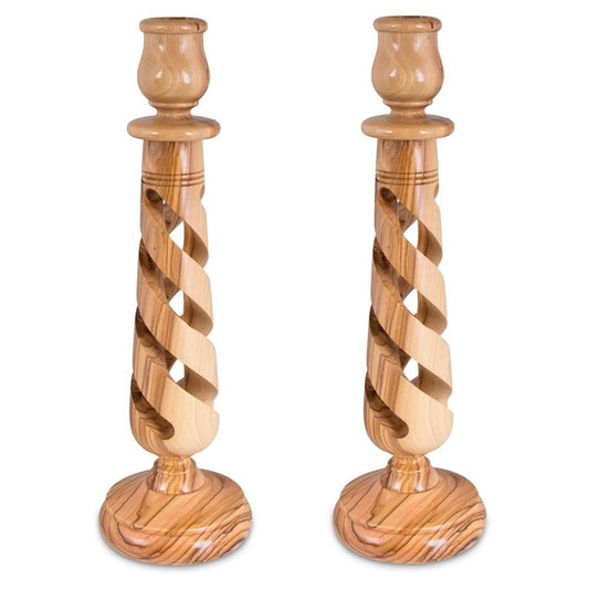 Olive Wood Hollow Spiral Candlesticks (Large)